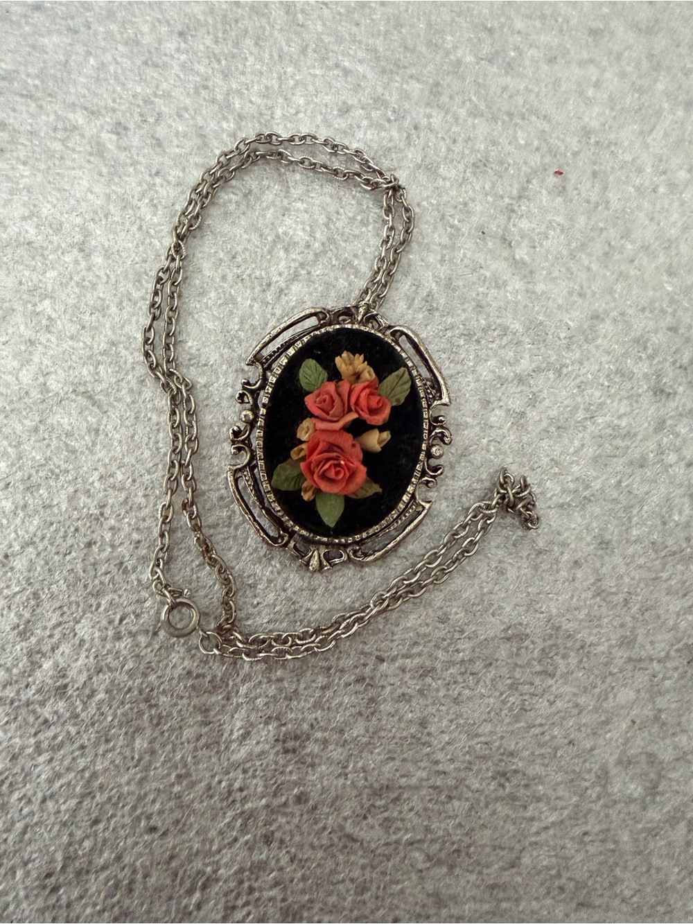 Floral Cameo Pendant Necklace in Coral and Green